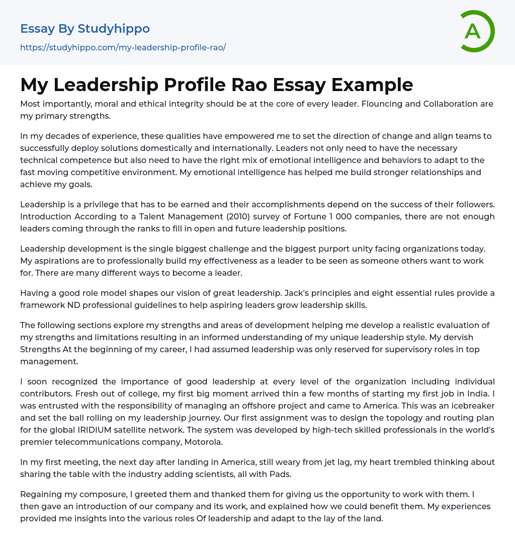 My Leadership Profile Rao Essay Example