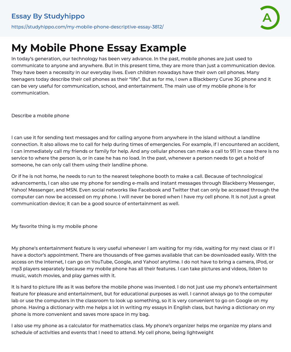 My Mobile Phone Essay Example