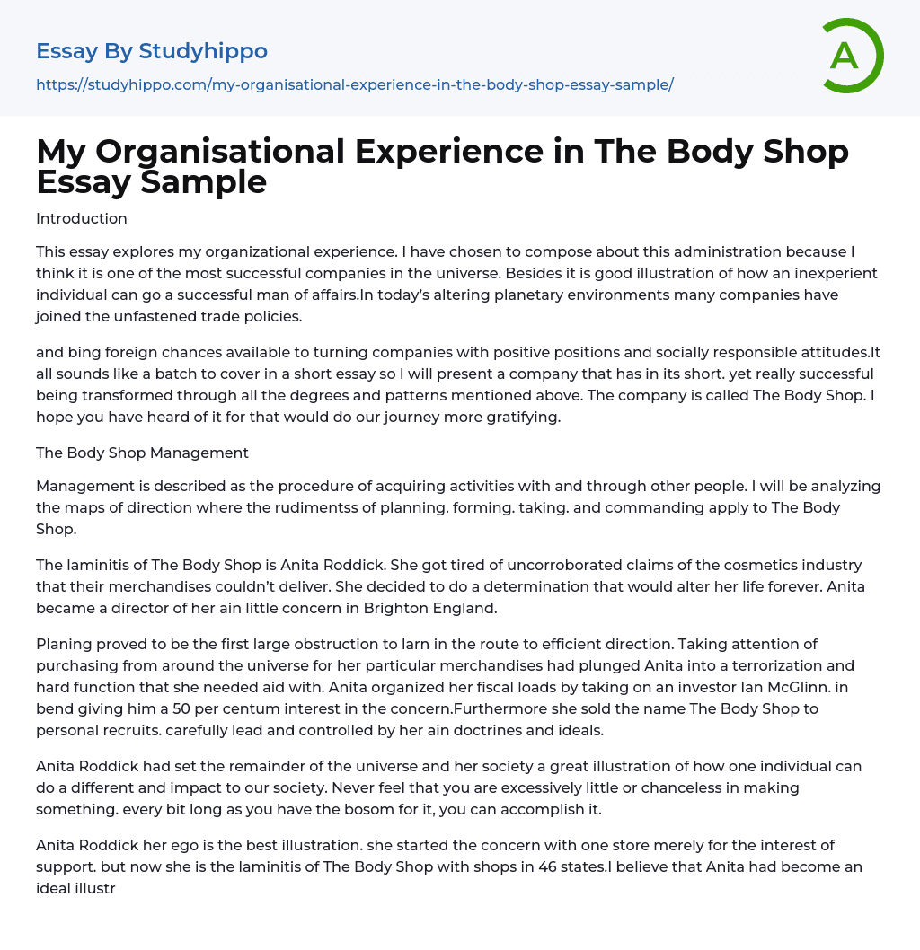 My Organisational Experience in The Body Shop Essay Sample