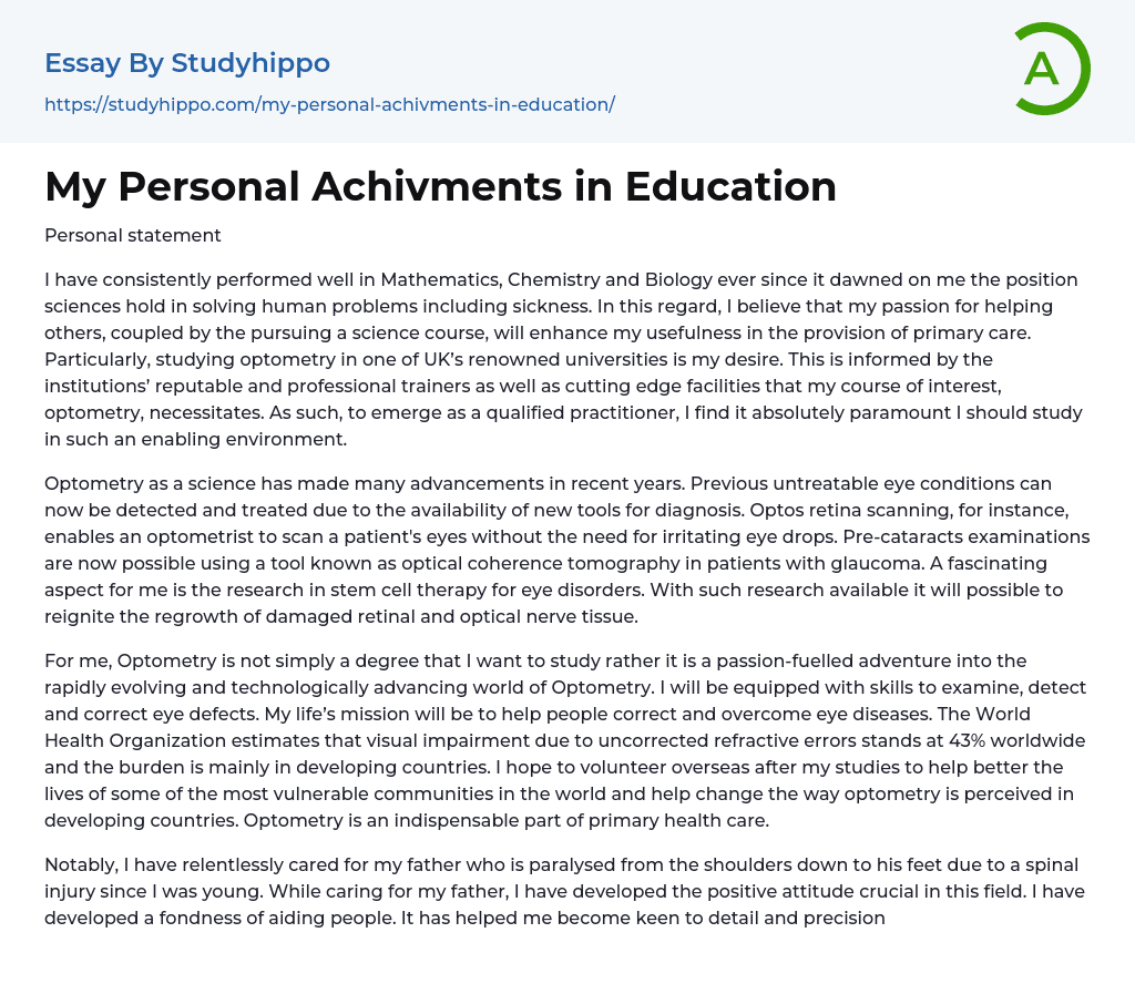 My Personal Achivments in Education Essay Example