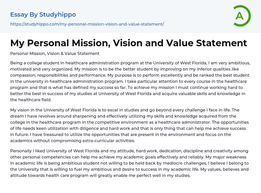 My Personal Mission, Vision and Value Statement Essay Example
