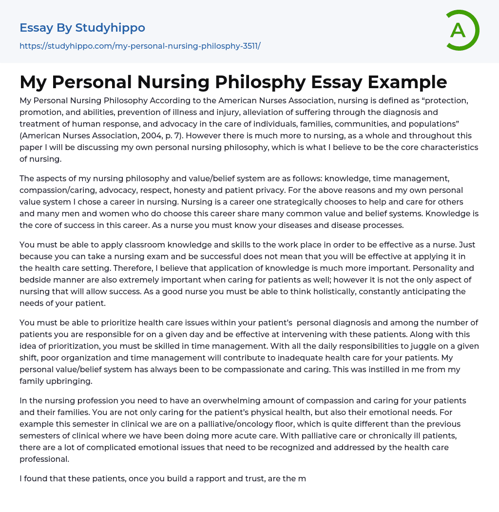 My Personal Nursing Philosphy Essay Example