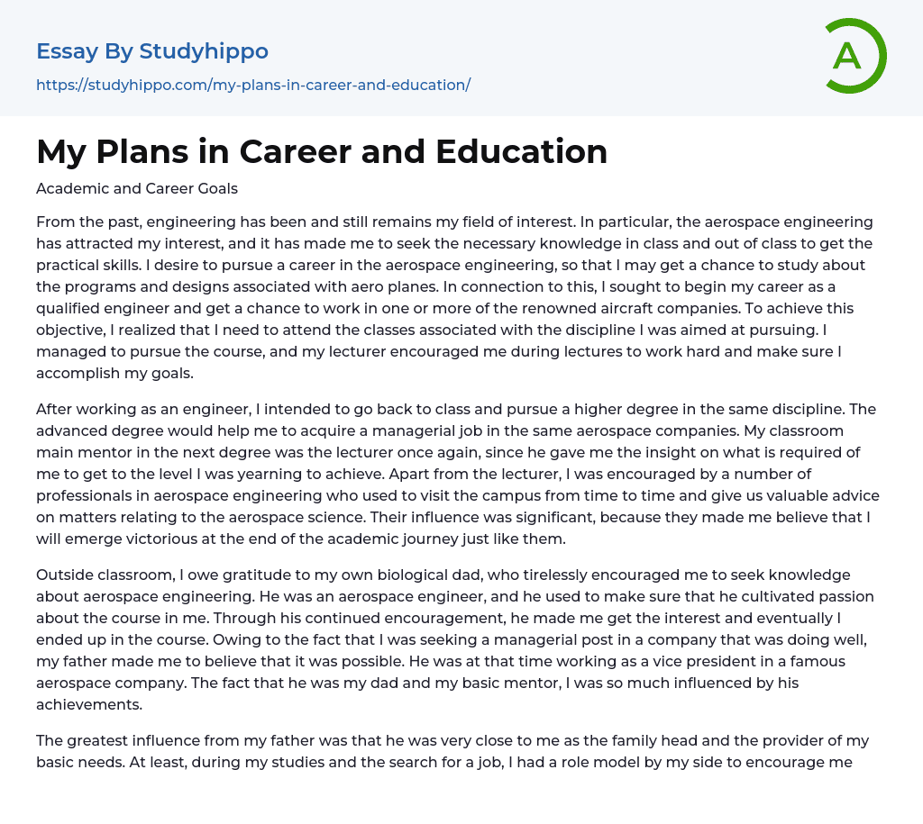 My Plans in Career and Education Essay Example