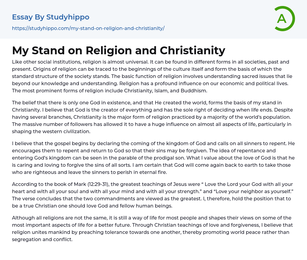 My Stand on Religion and Christianity Essay Example