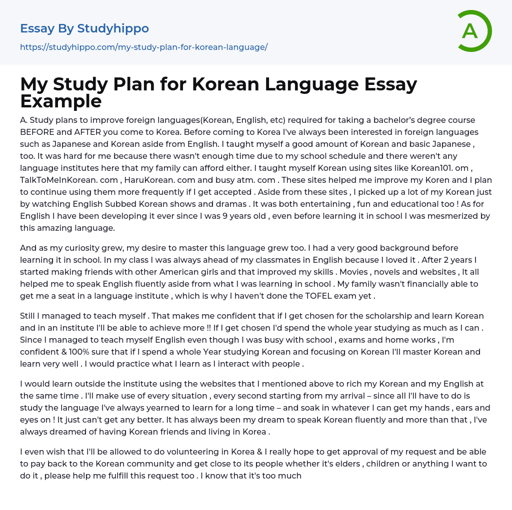 My Study Plan for Korean Language Essay Example