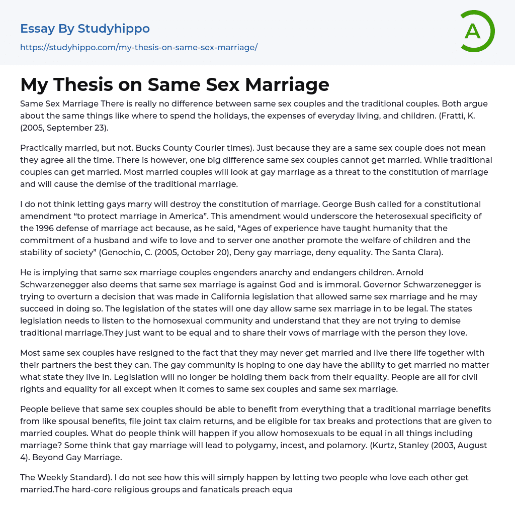 My Thesis on Same Sex Marriage Essay Example