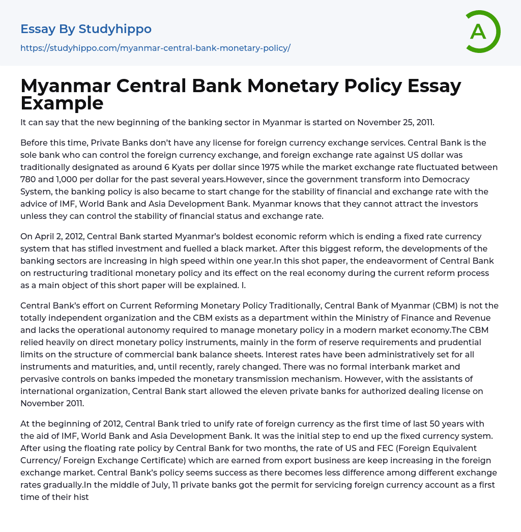 Myanmar Central Bank Monetary Policy Essay Example