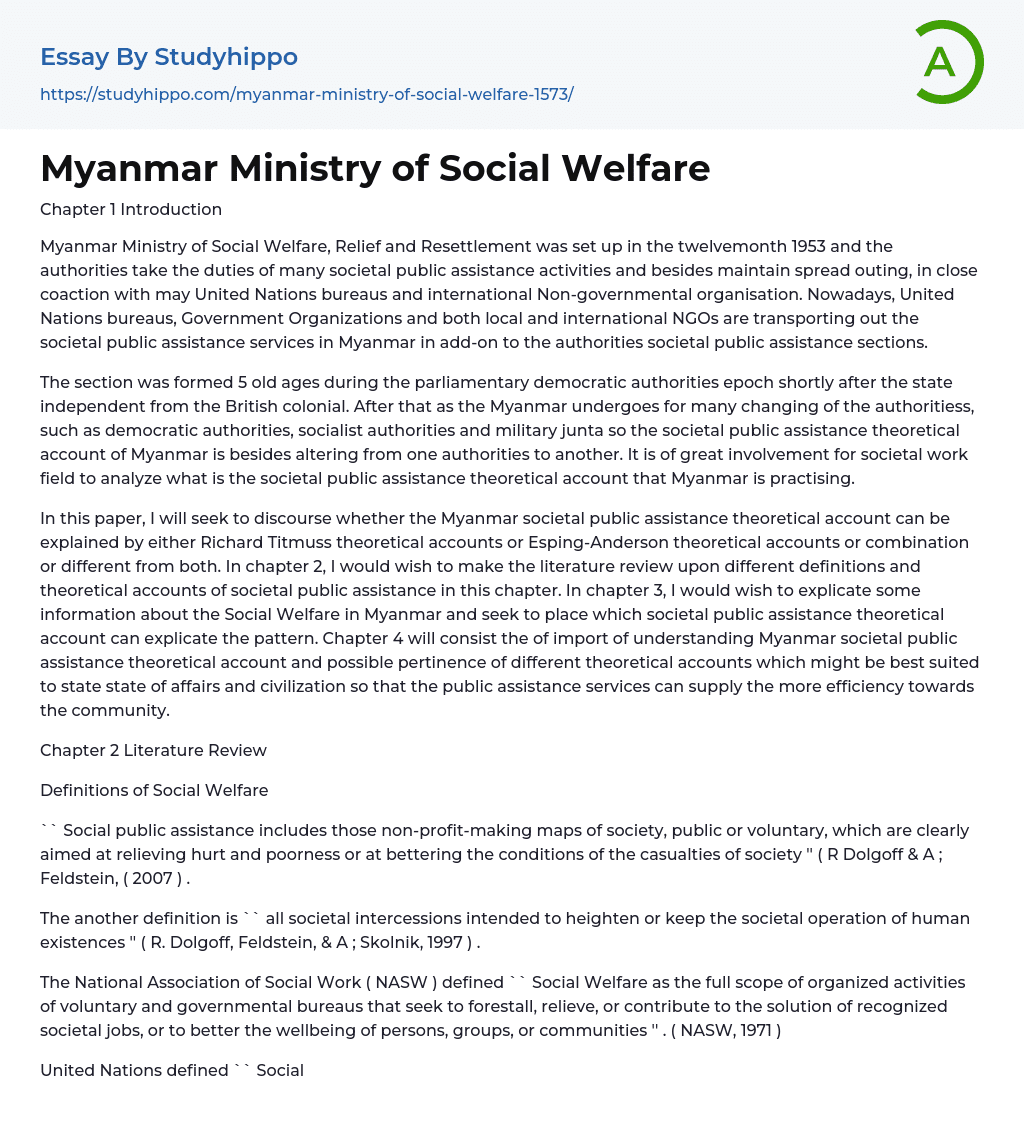 Myanmar Ministry of Social Welfare Essay Example