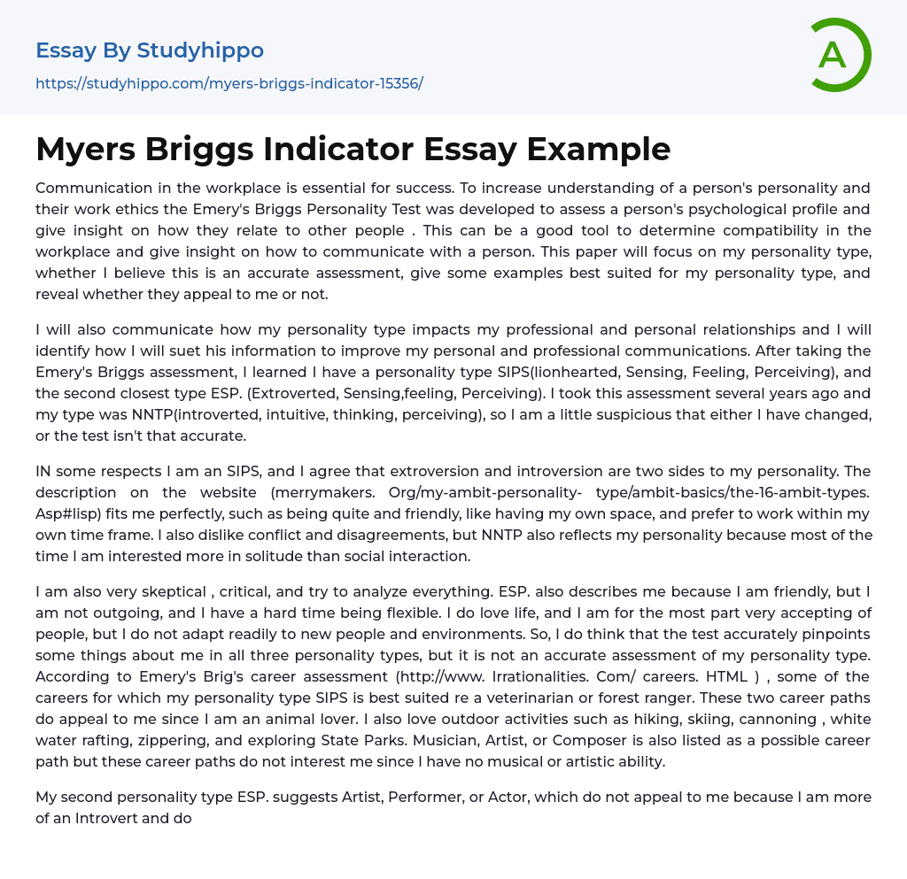 Myers Briggs Indicator Essay Example