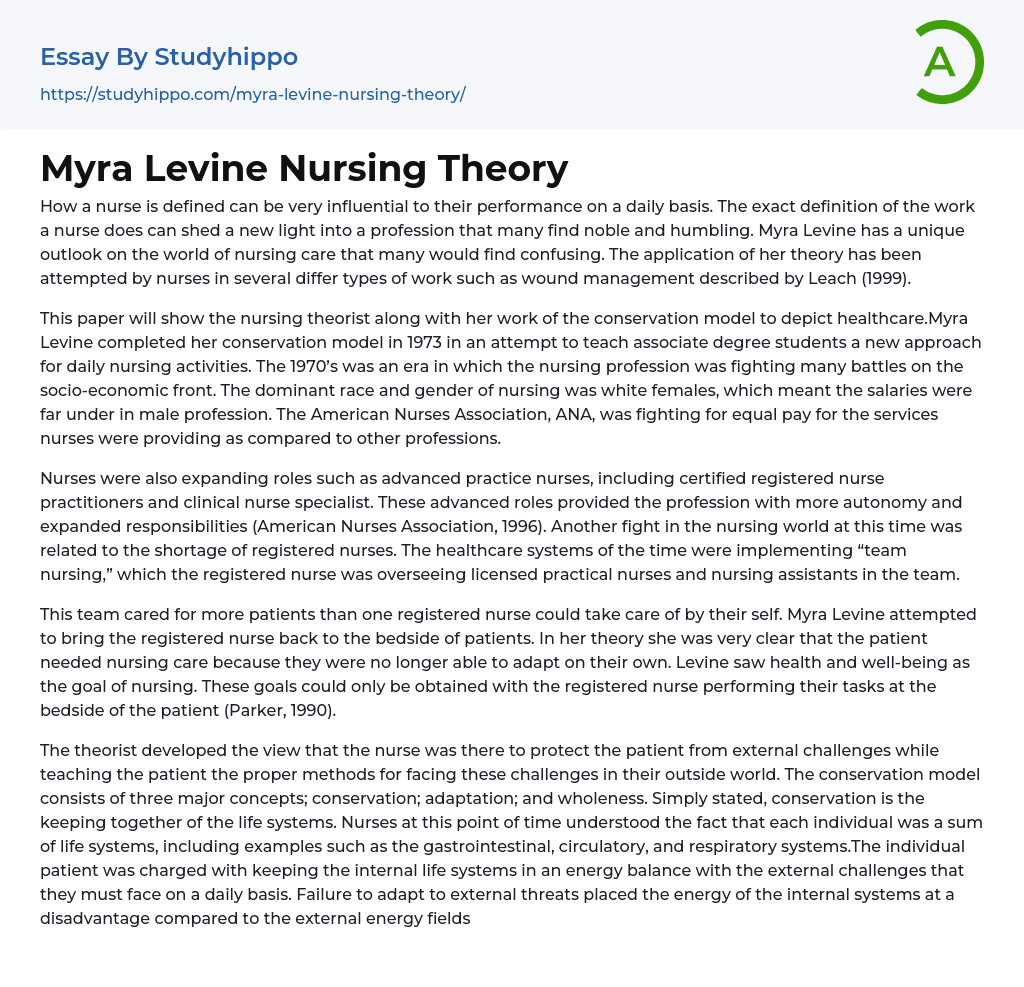 Myra Levine Nursing Theory Essay Example