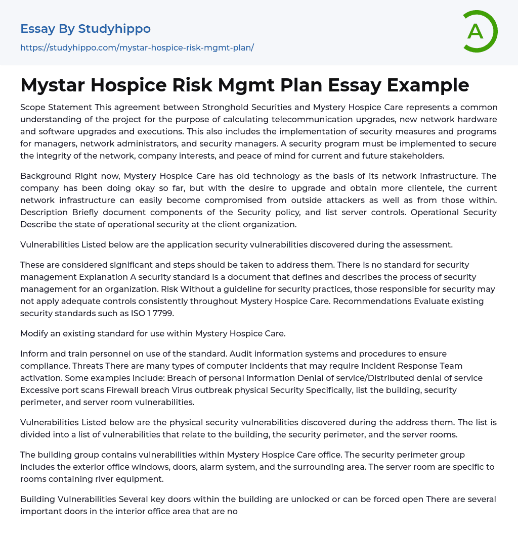 Mystar Hospice Risk Mgmt Plan Essay Example