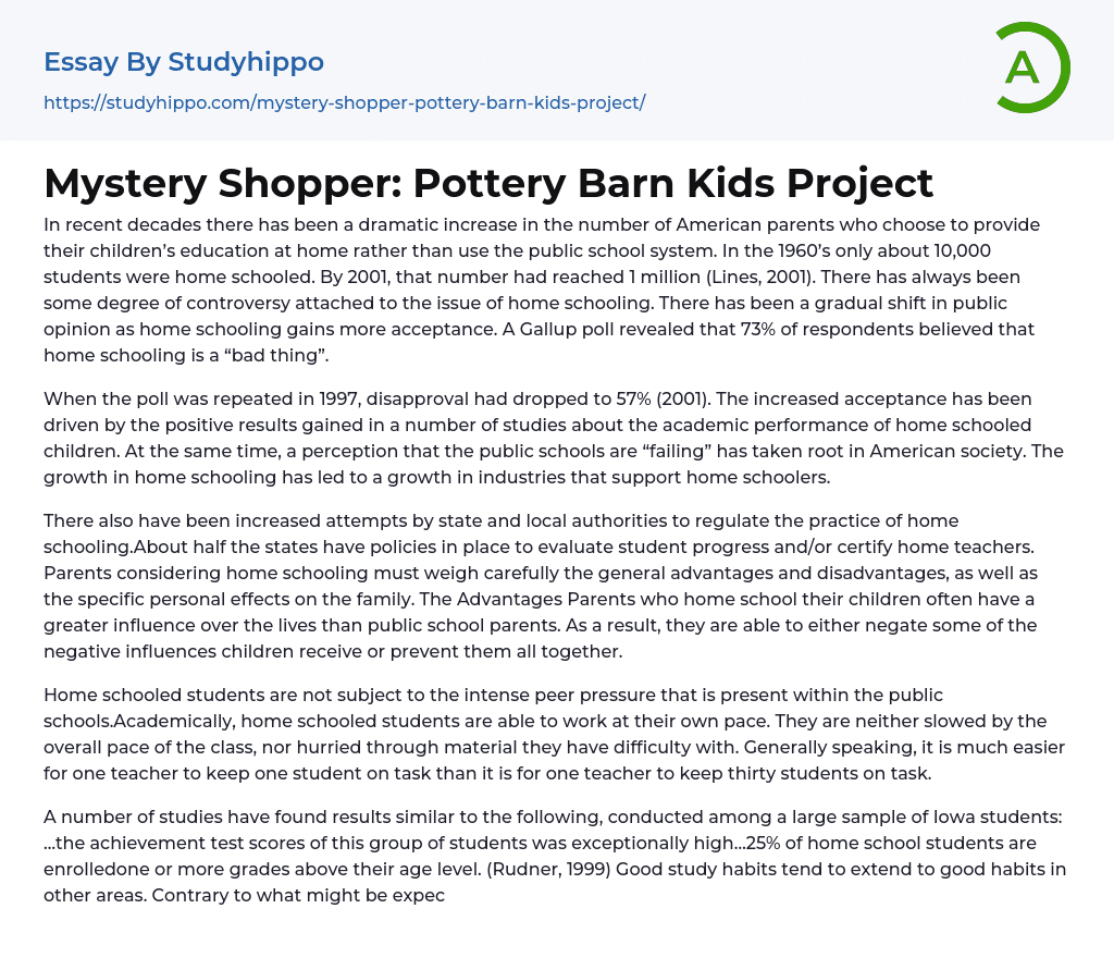 Mystery Shopper: Pottery Barn Kids Project Essay Example