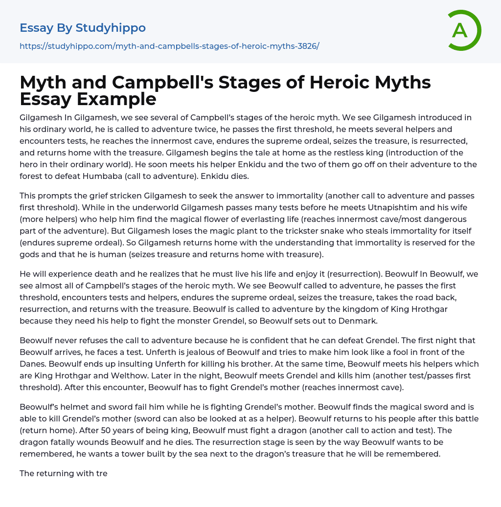 Myth and Campbell’s Stages of Heroic Myths Essay Example