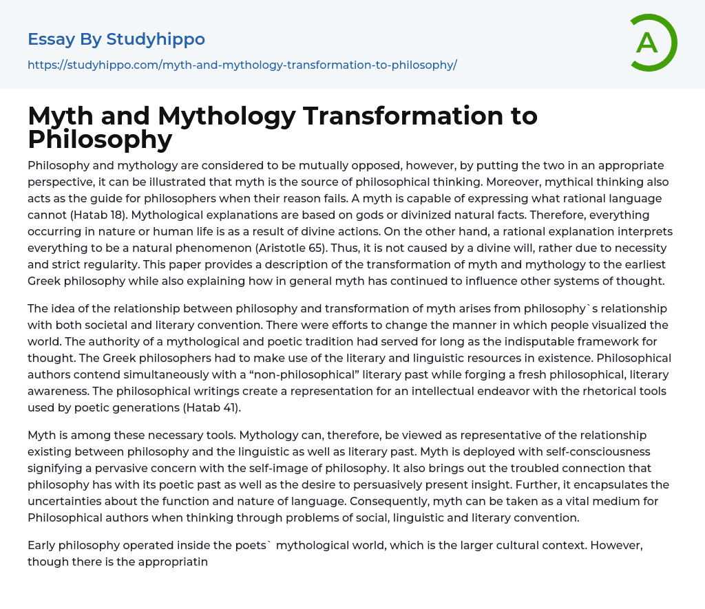 Myth and Mythology Transformation to Philosophy Essay Example