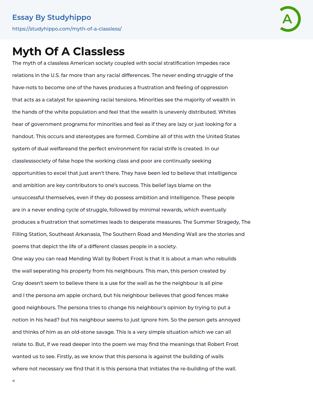 Myth Of A Classless Essay Example