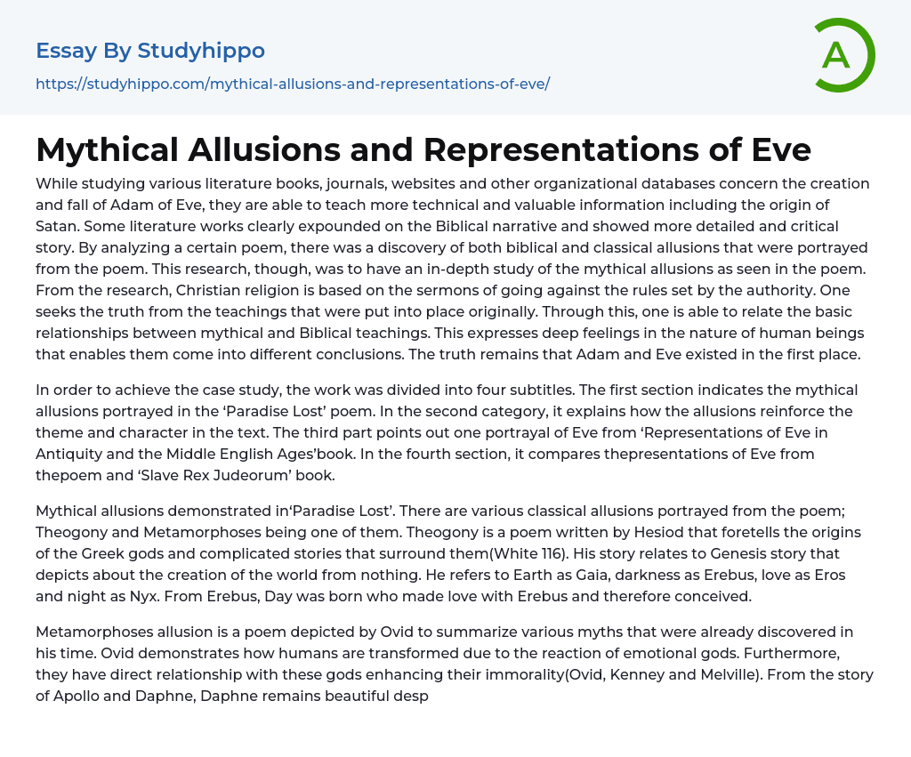 Mythical Allusions and Representations of Eve Essay Example