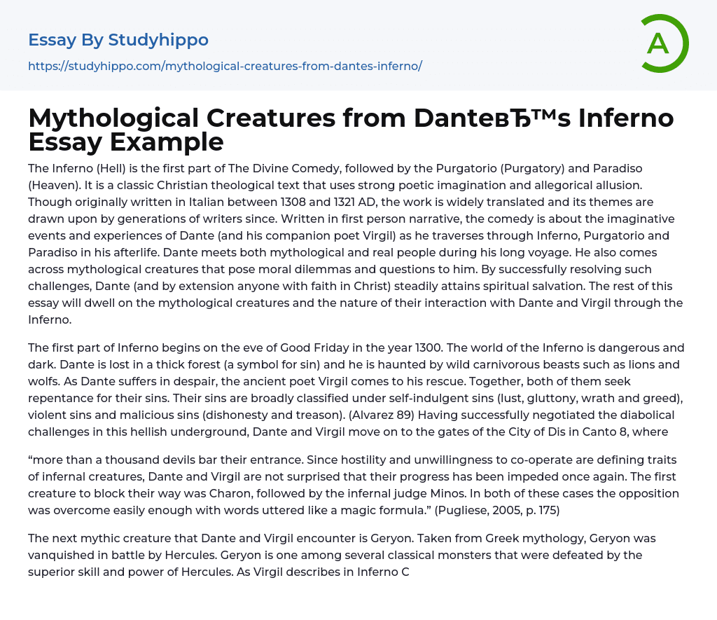 Mythological Creatures from Dante’s Inferno Essay Example
