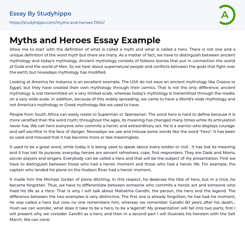 Myths and Heroes Essay Example