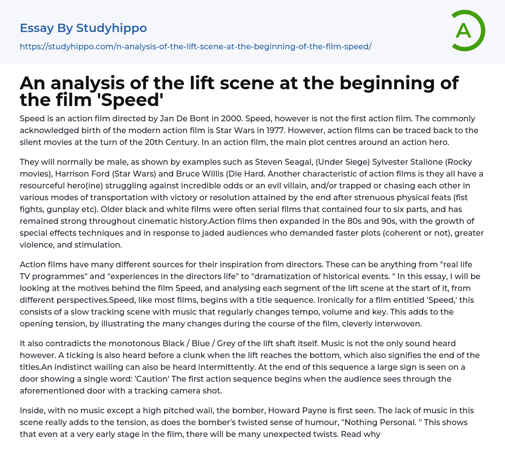 An analysis of the lift scene at the beginning of the film ‘Speed’ Essay Example