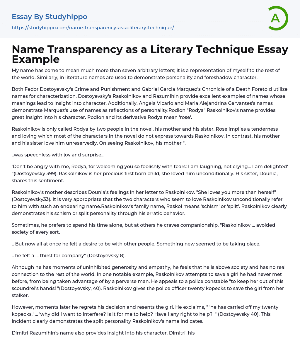 Name Transparency as a Literary Technique Essay Example