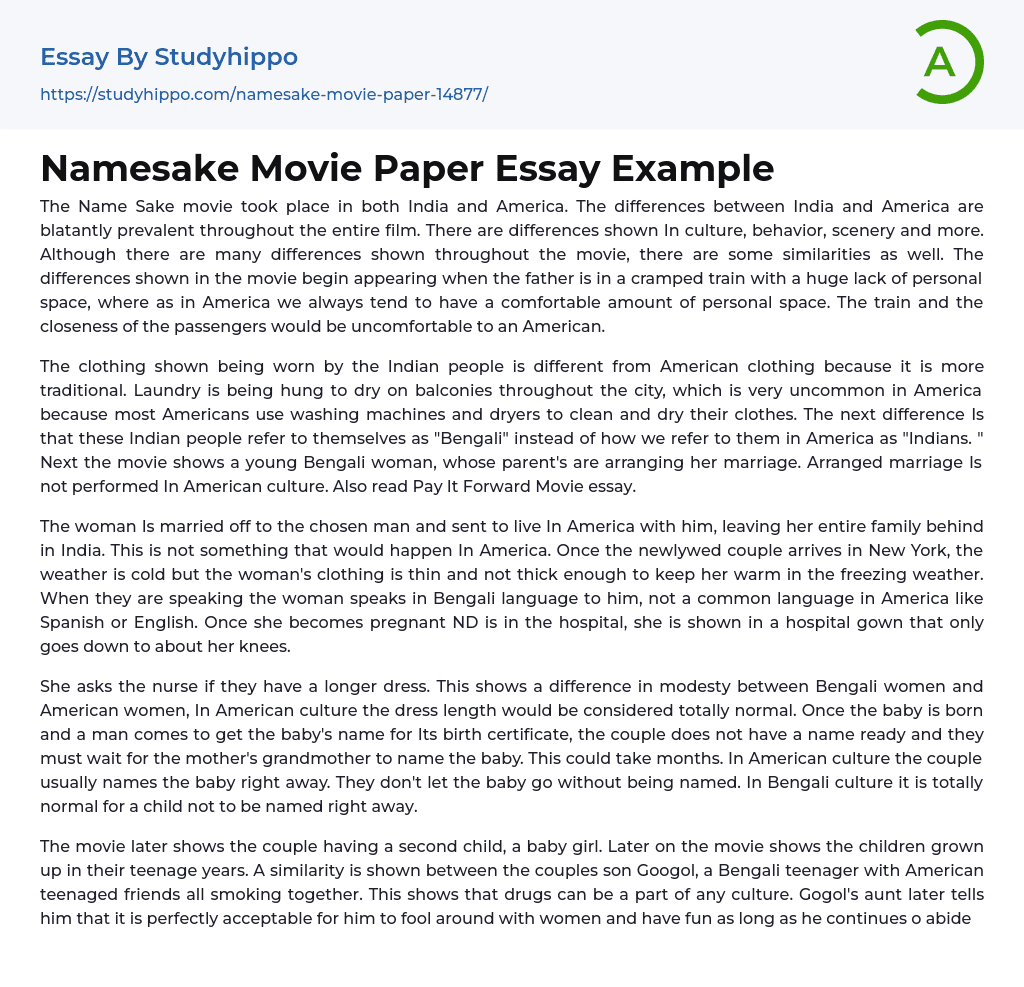 Namesake Movie Paper Essay Example