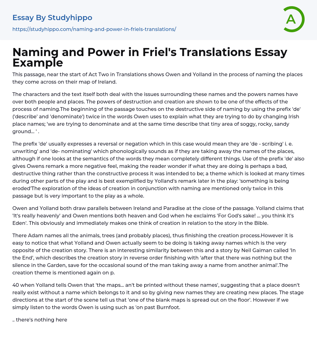 Naming and Power in Friel’s Translations Essay Example