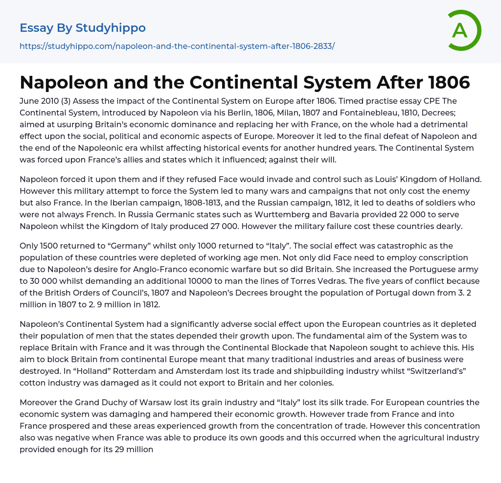 Napoleon and the Continental System After 1806 Essay Example