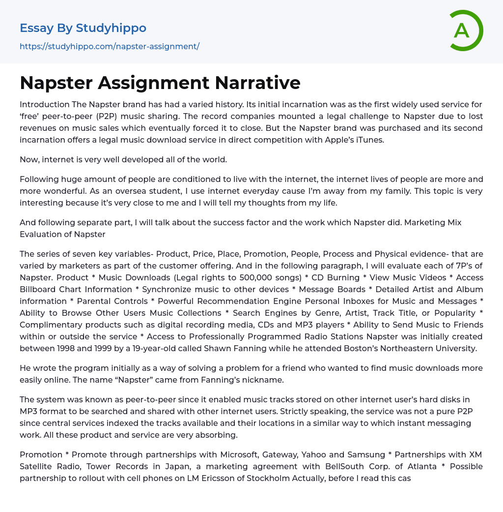 Napster Assignment Narrative Essay Example
