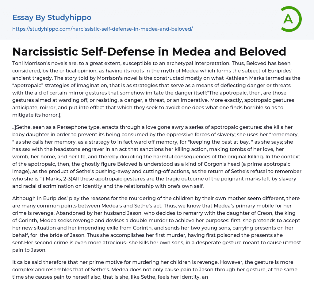 Narcissistic Self-Defense in Medea and Beloved Essay Example