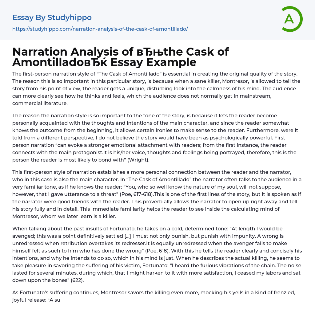 Narration Analysis of “the Cask of Amontillado” Essay Example
