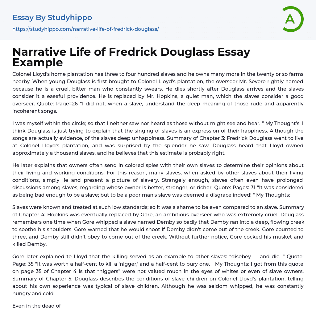 Narrative Life of Fredrick Douglass Essay Example