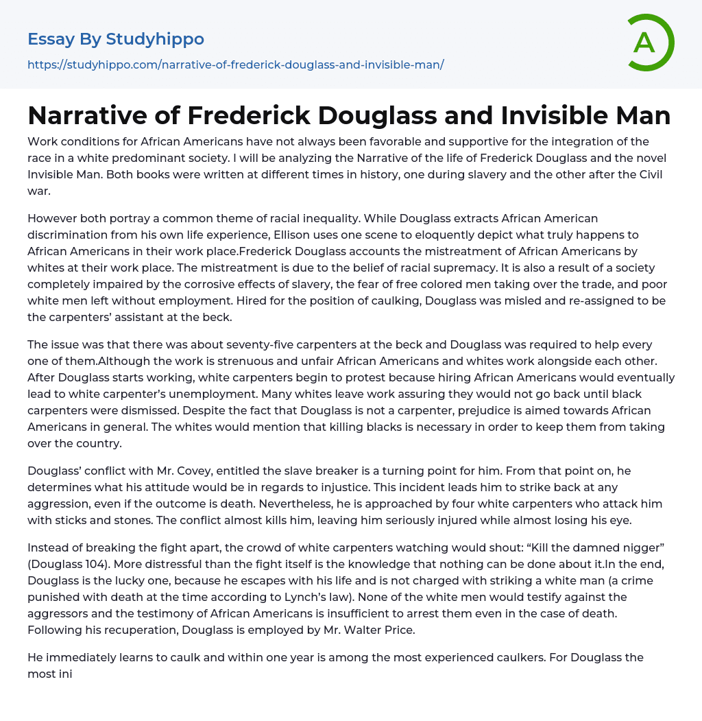 Narrative of Frederick Douglass and Invisible Man Essay Example