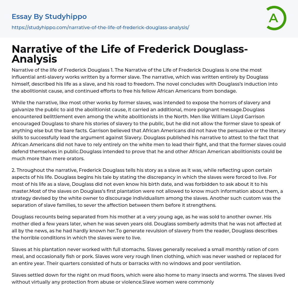 Narrative of the Life of Frederick Douglass-Analysis Essay Example
