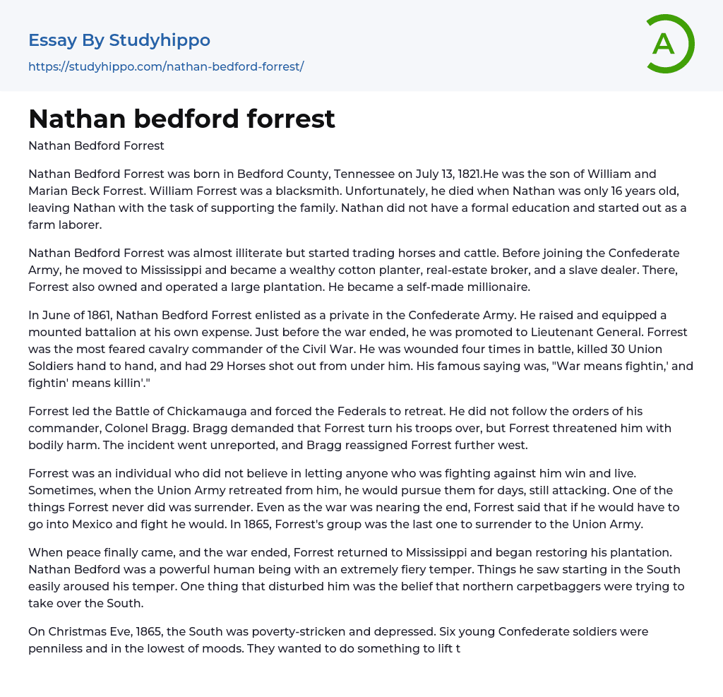 Nathan bedford forrest Essay Example