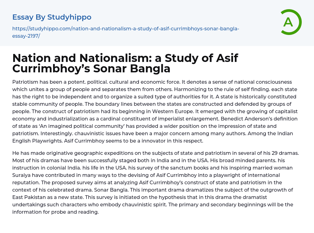 Nation and Nationalism: a Study of Asif Currimbhoy’s Sonar Bangla Essay Example