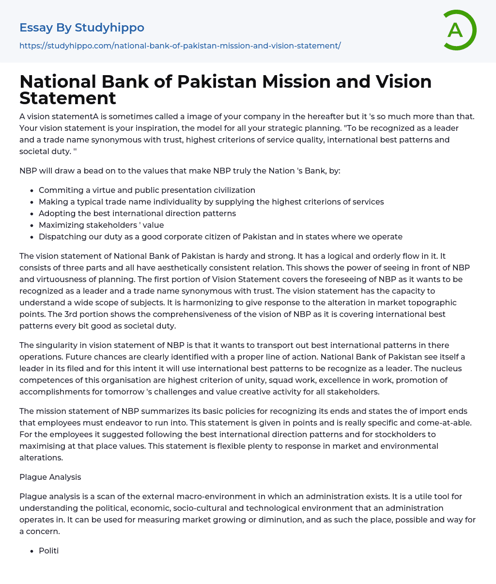 National Bank of Pakistan Mission and Vision Statement Essay Example