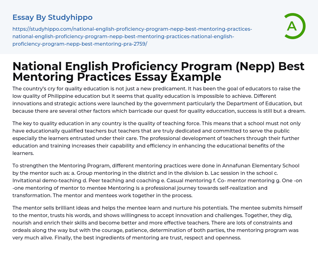National English Proficiency Program (Nepp) Best Mentoring Practices Essay Example