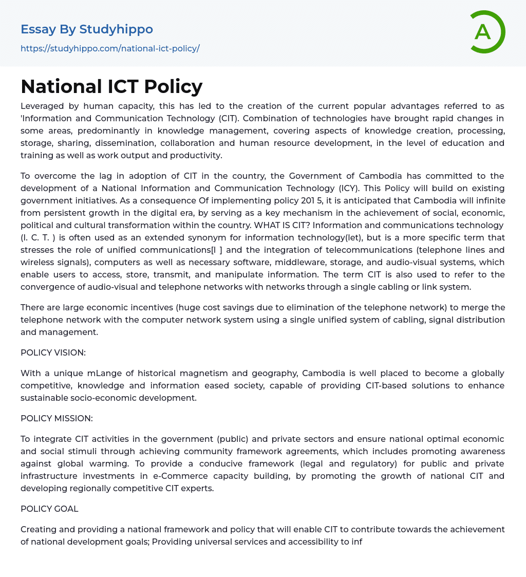 National ICT Policy Essay Example