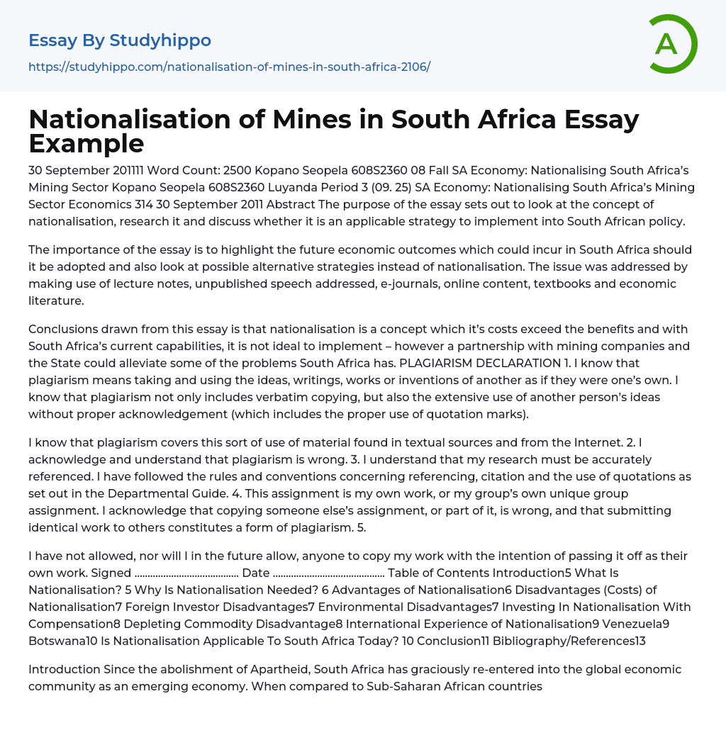 Nationalising South Africa’s Mining Sector Economics Essay Example