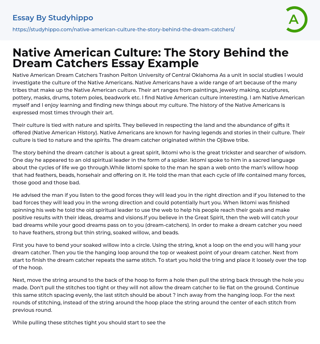 Native American Culture: The Story Behind the Dream Catchers Essay Example