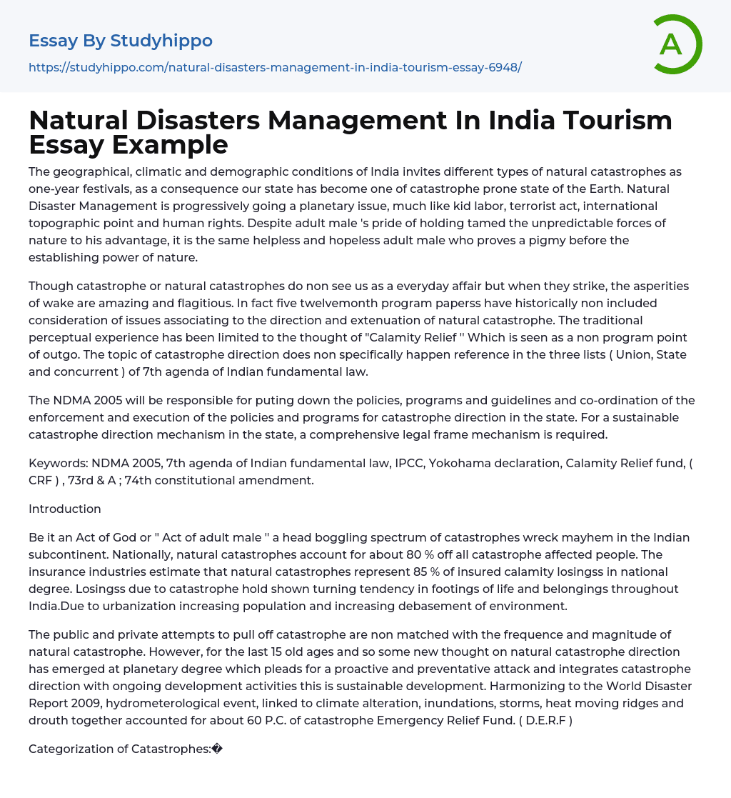 Natural Disasters Management In India Tourism Essay Example