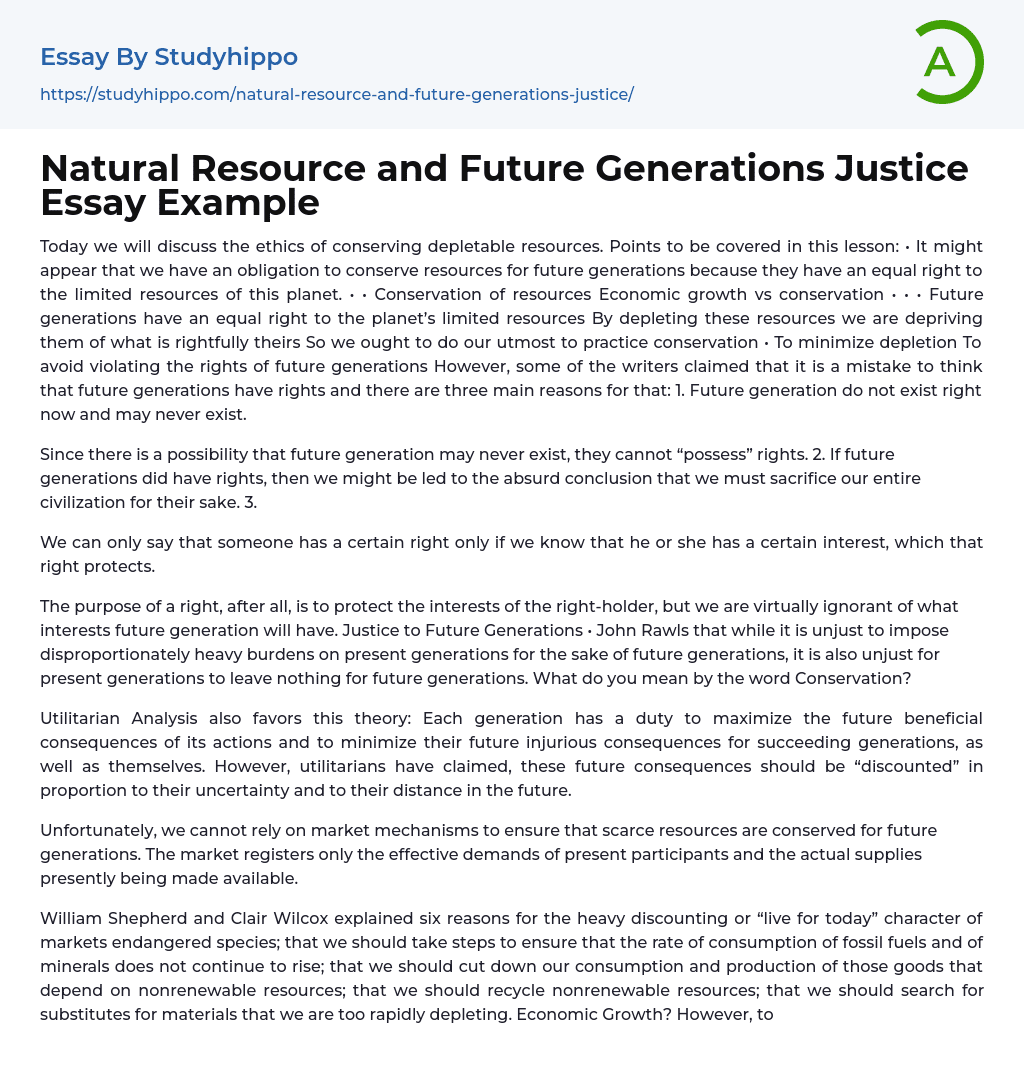Natural Resource and Future Generations Justice Essay Example