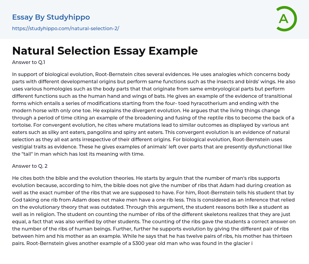 Natural Selection Essay Example