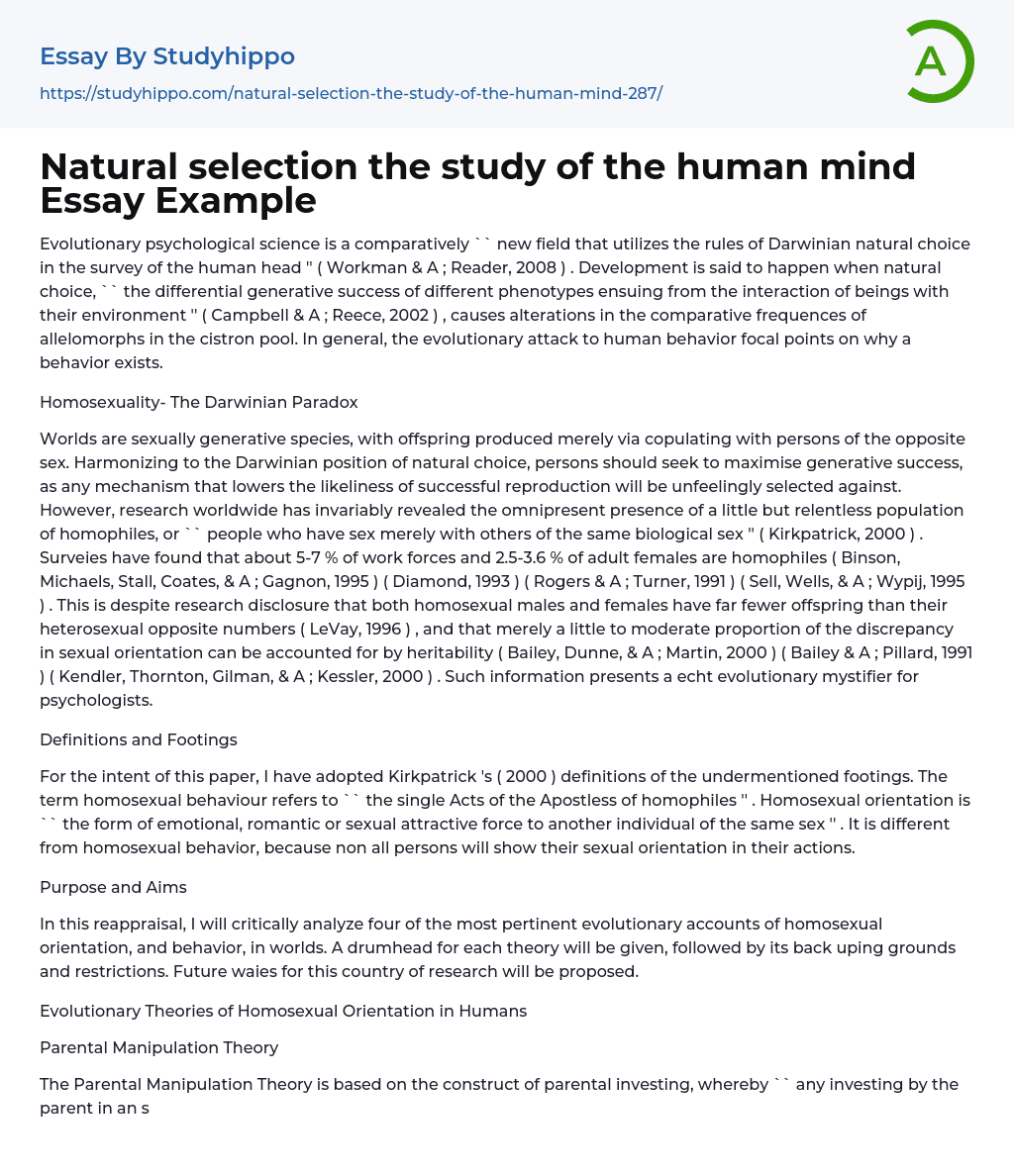 Natural selection the study of the human mind Essay Example