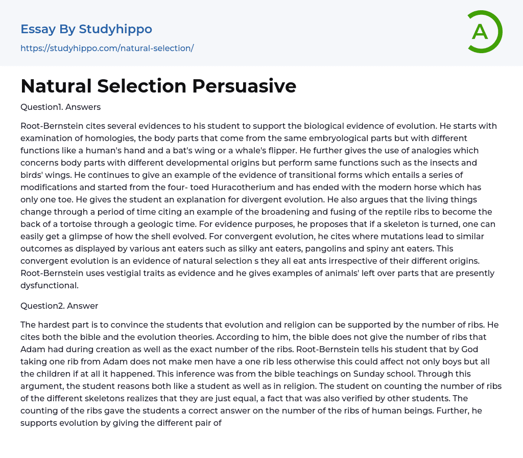 Natural Selection Persuasive Essay Example