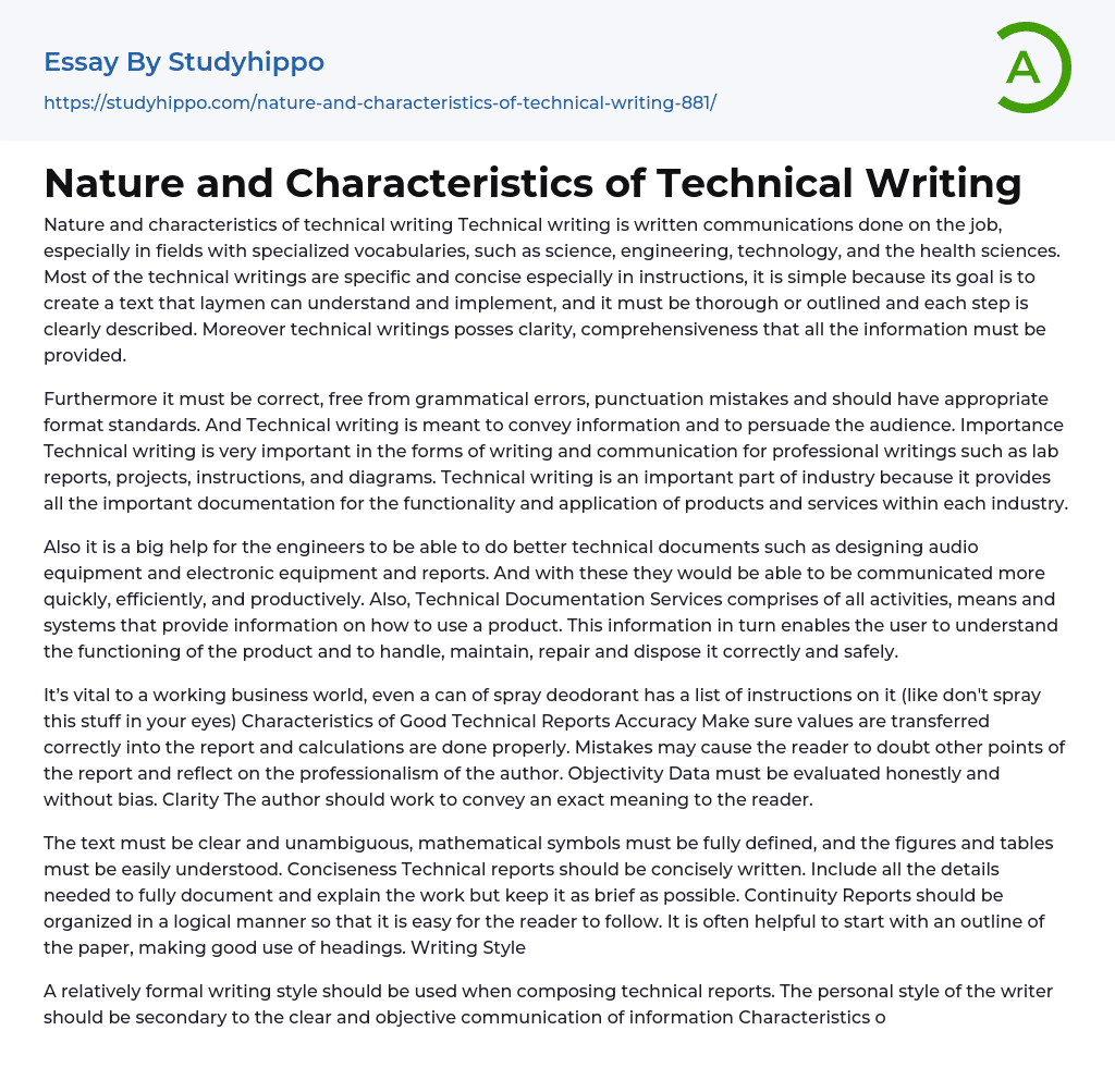 Nature and Characteristics of Technical Writing Essay Example