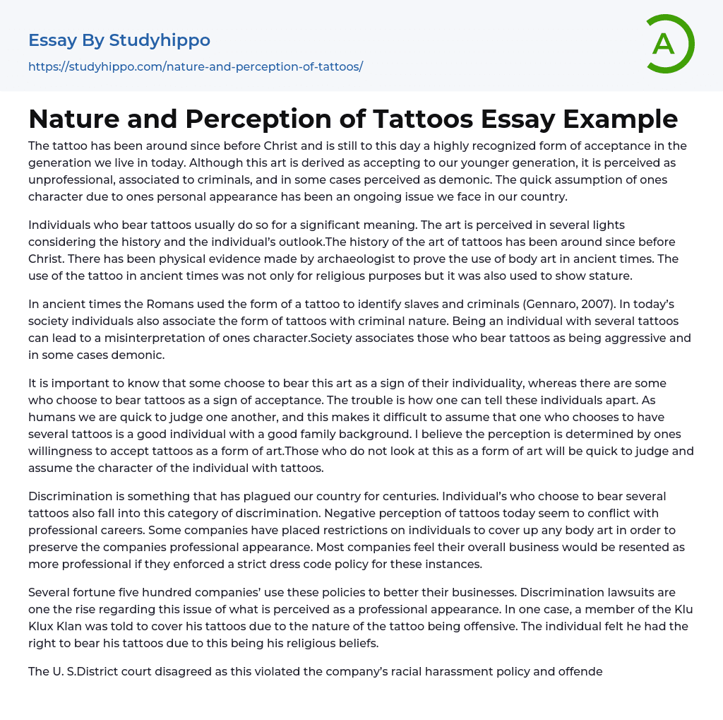 Nature and Perception of Tattoos Essay Example