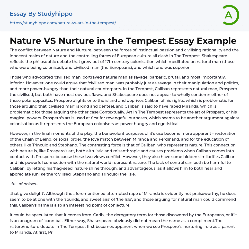 Nature VS Nurture in the Tempest Essay Example