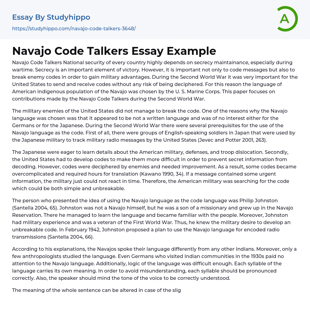 Navajo Code Talkers Essay Example