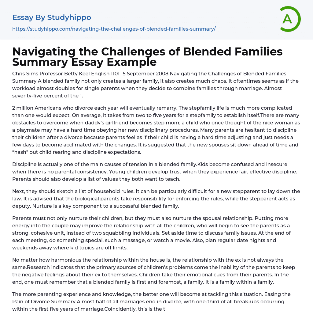 Navigating the Challenges of Blended Families Summary Essay Example